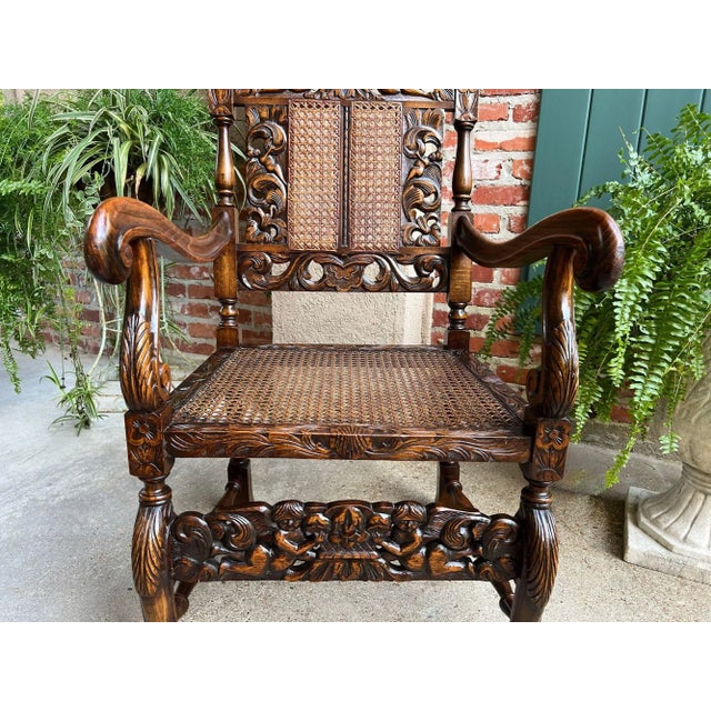 Wood Antique English Arm Chair Carved Oak Cane Seat Renaissance Cherubs Fireside For Sale - Image 7 of 18
