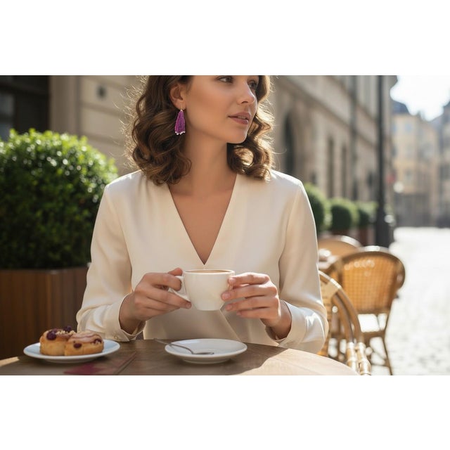 14k Yellow Gold Shepherd Hoop Earrings With Diamonds, Rubies & Opalite Tassels, A Pair For Sale In New York - Image 6 of 11