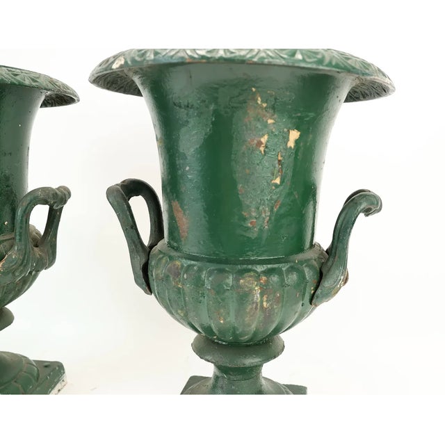 Mid 19th Century Pair of Antique Neoclassical Green-Painted Cast Iron Garden Urns | Ca. 19th Century For Sale - Image 5 of 6