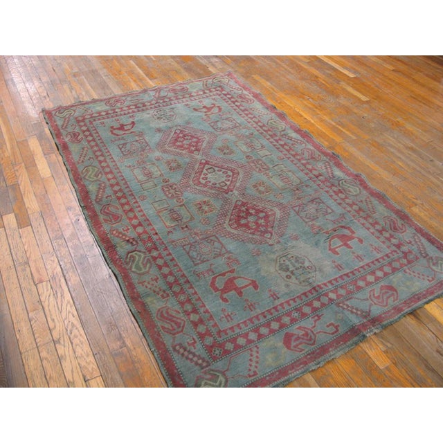 Indian 1930s Turquoise Diamond Tribal Antique Agra Cotton Rug 4' 6" X 7' Handknotted Carpet For Sale - Image 3 of 5