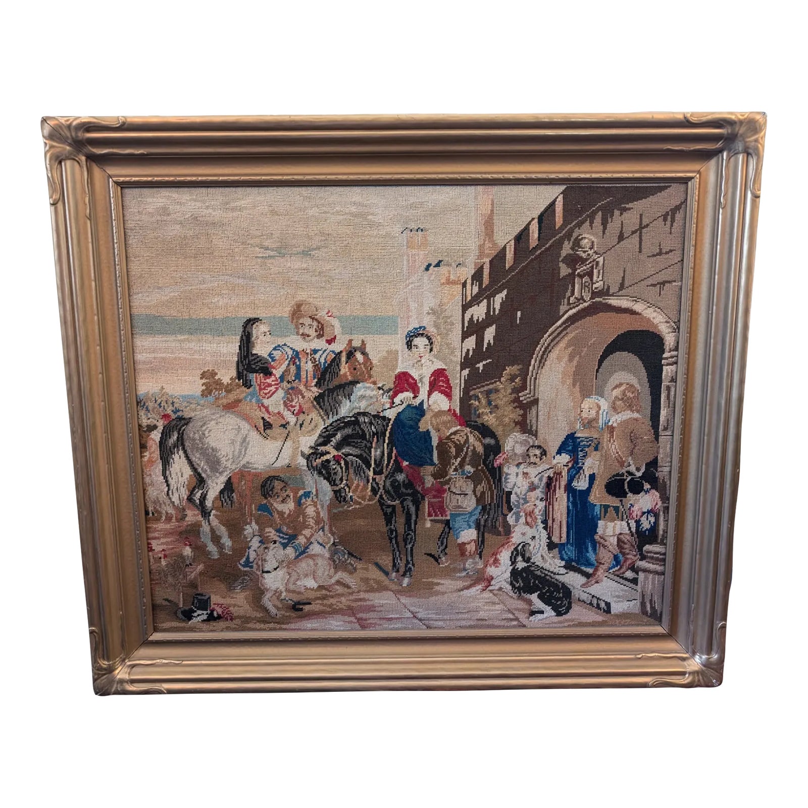 Large Vintage Needlepoint of Hunting Scene in Gilt Deco Frame | Chairish
