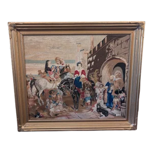 Large Vintage Needlepoint of Hunting Scene in Gilt Deco Frame