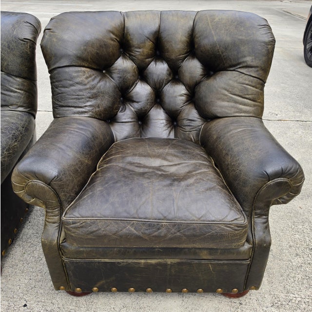 Vintage Henredon for Ralph Lauren English Chesterfield Leather Chair & Ottoman a Pair For Sale - Image 13 of 18