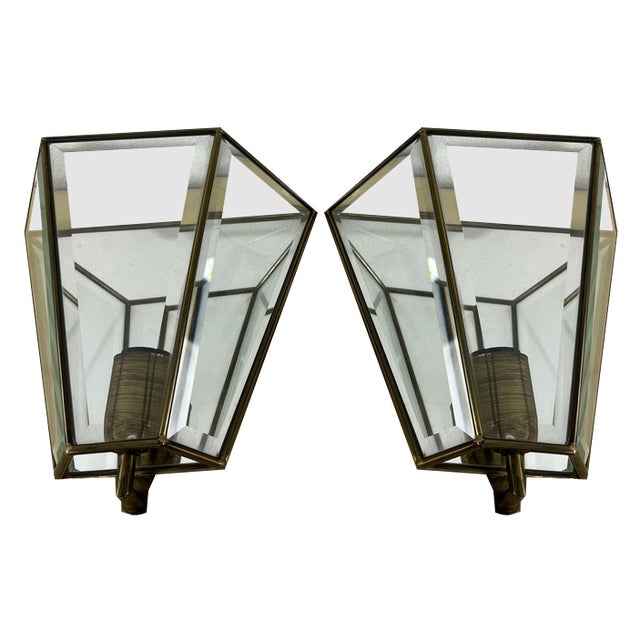 Mid-Century Modern Brass and Glass Mirror Wall Lamps, 1950s, Set of 2 For Sale