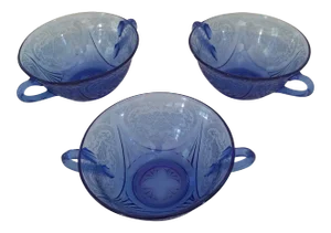 1940s Hazel Atlas Royal Lace Cobolt Blue Cream Soup Bowls - Set of 3
