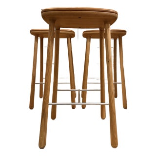 Møbel Copenhagen Cuba Bar Stools – Set of 3 – Solid Oak & Leather – Excellent Condition For Sale