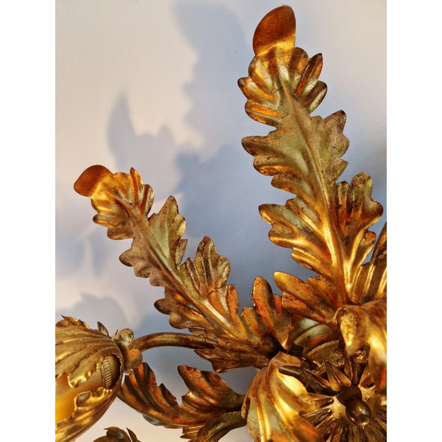 Gold Large Italian Floral Ceiling Light in Gilded Metal, 1970s For Sale - Image 8 of 11