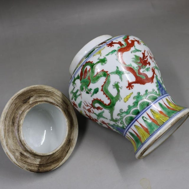 Ceramic Early 20th Century Chinese Ceramic Pot Ming Dynasty Jiajing Marked Blue and White Famille Verte Porcelain Ginger Jar Hand Painted Dragon Pattern For Sale - Image 7 of 8