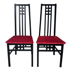 Late 20th Century Mackintosh Style Pair Italian Black Lacquered Wood Chairs Red Velvet Upholstery