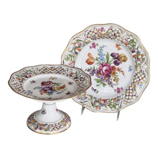 LastCHANCE!Vintage Schumann Bavaria Chateau Pattern Compote and Luncheon Plate - A Pair For Sale