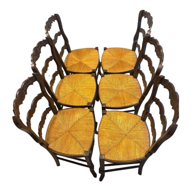 Vintage French Country Carved Walnut-Tone Rush Seat Dining Chairs – Set of 6 For Sale - Image 11 of 11
