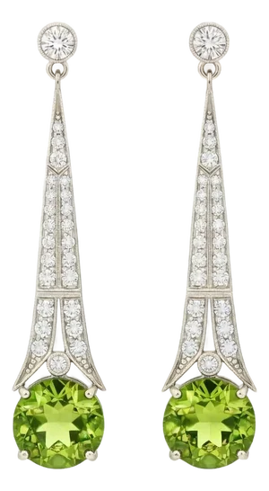 Art Deco Style Peridot and Colorless Topaz Drop Earrings Silver, Gold, A Pair
