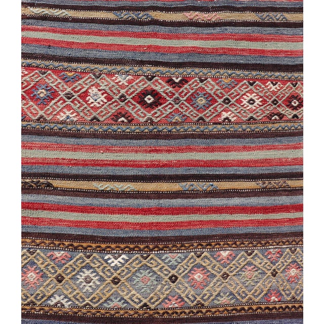 Vintage Turkish Kilim With Horizontal Stripes and Tribal Motifs in Bright Tones For Sale In Atlanta - Image 6 of 11
