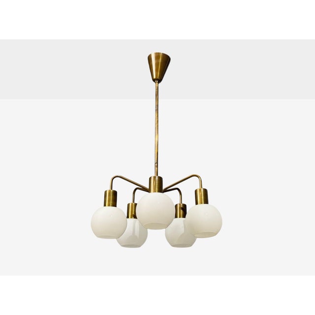 Danish Mid-Century Modern, Pendant Light or Chandelier, Brass, Opal Glass, Denmark, 1970s Interesting Sputnik style...