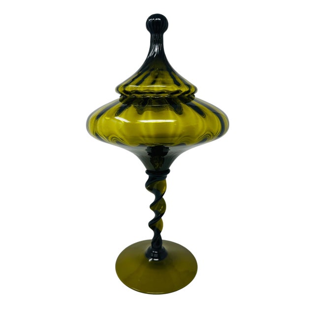 Vintage 1960s Large Italian Empoli Olive Green Glass Circus Tent Lidded Compote For Sale - Image 10 of 13