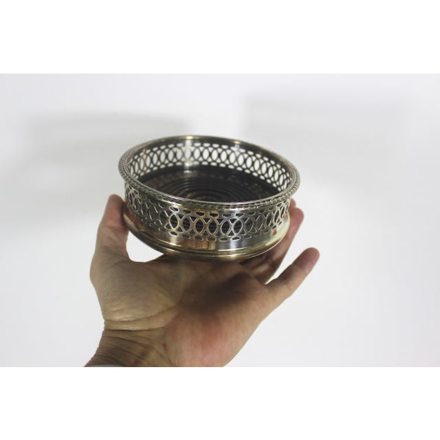 Early 20th Century Vintage Silver Plated Wine Coaster With Wood Base and Pierced Sides, Bottle Holder, Shelf Decor, Entertaining Style, Patina For Sale - Image 5 of 8