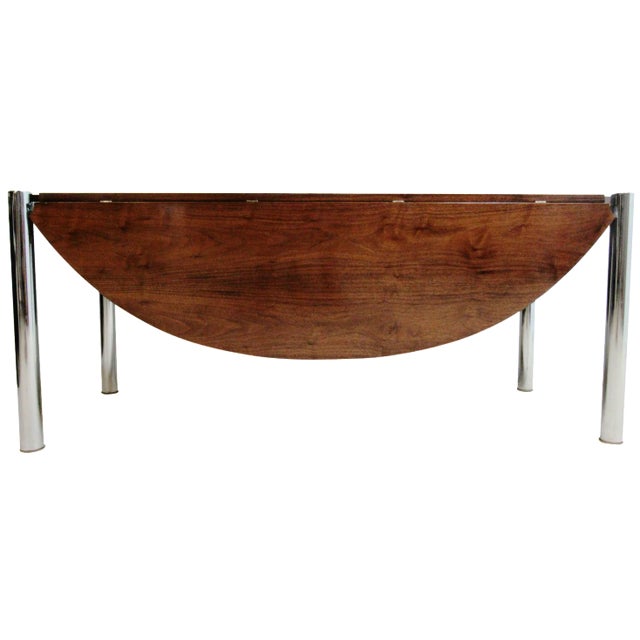 Mid-Century Chrome & Walnut Milo Baughman Style Drop Leaf Floating Table For Sale