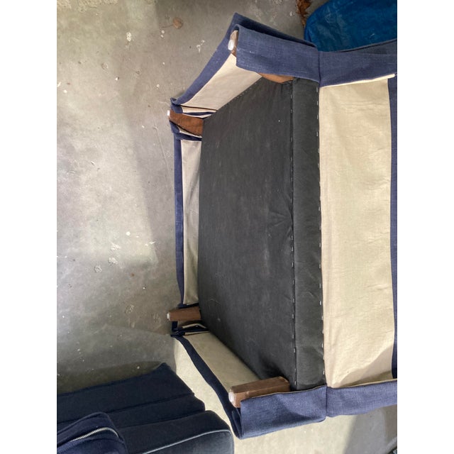 Custom Made Vintage Upholstered Lounge Chair and Ottoman Set Upholstered in Navy Linen For Sale - Image 9 of 9