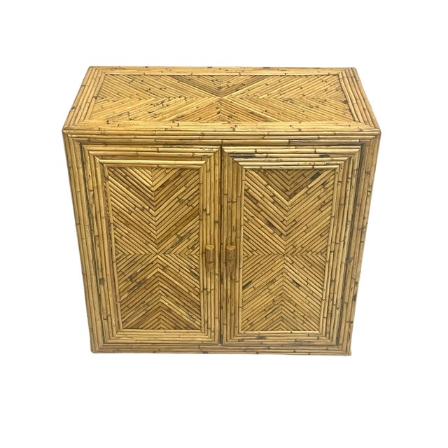 Hollywood Regency 1970’s Vintage Natural Pencil Reed Rattan 2 Door Server Cabinet For Sale - Image 3 of 7
