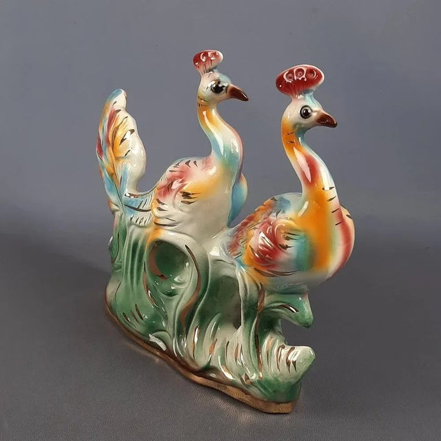 Vintage Multicolored Ceramic Sculpture of Peacocks, Italy, 1970s For Sale - Image 4 of 18