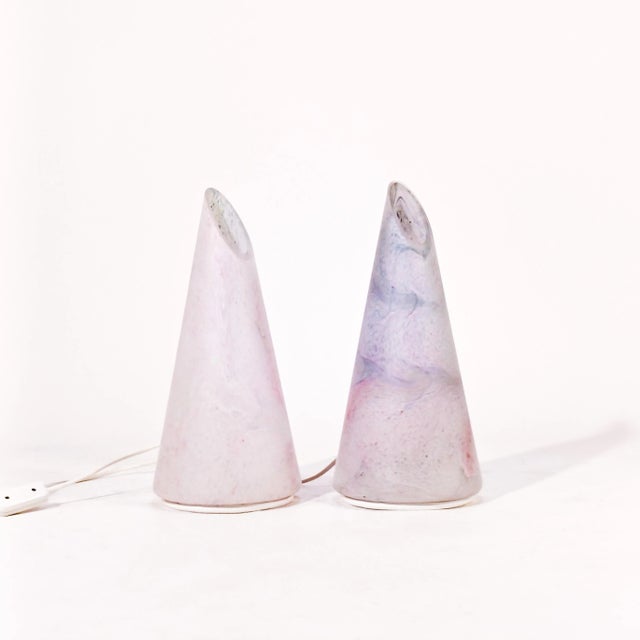 Pair of Italian Murano glass table or table lamps, 1980s. Body in the shape of a slanted cone formed by a single piece of...
