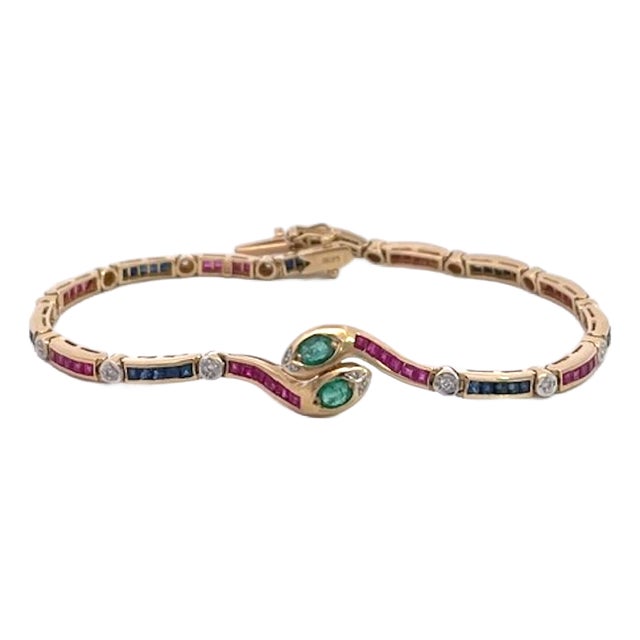Vintage Yellow Gold Snake Bracelet With Emeralds, Rubies, and Diamonds For Sale