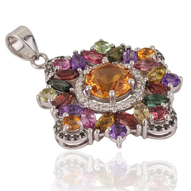 Art Deco Regent Starburst Maximalist Multi Gemstone Pendant in 925 Sterling Silver - 4.97 TCW For Sale - Image 3 of 13
