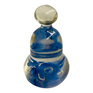 Joe St. Clair Art Glass Bell Shaped Paperweight Blue Flowers Light and Navy Blue
