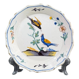 Antique French Nevers Faience Plate with Hand-Painted Birds, 1700s For Sale
