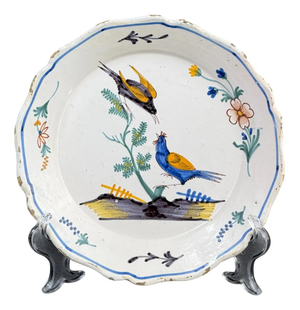 Antique French Nevers Faience Plate with Hand-Painted Birds, 1700s