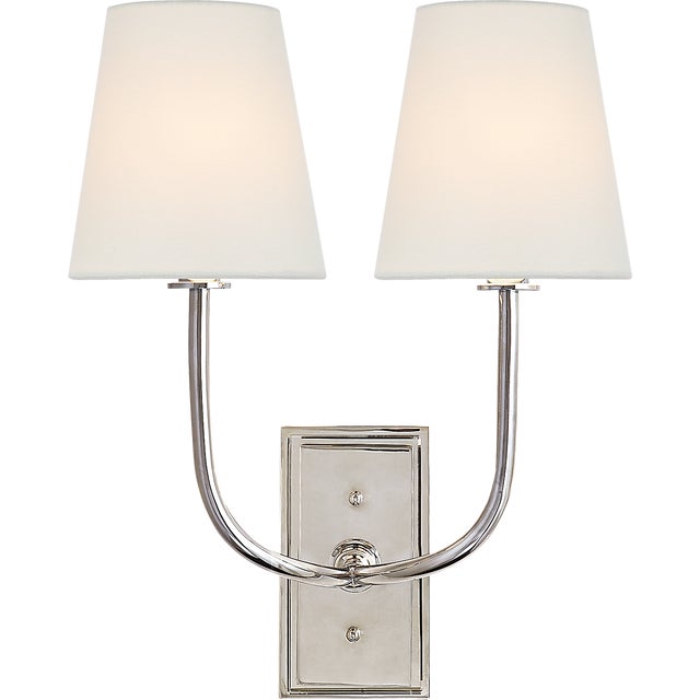 Thomas O'Brien for Visual Comfort Signature Hulton Double Sconce in Polished Nickel with Crystal Backplate with Linen Shades For Sale