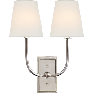 Thomas O'Brien for Visual Comfort Signature Hulton Double Sconce in Polished Nickel with Crystal Backplate with Linen Shades