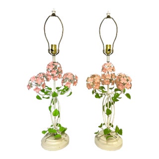 Vintage Italian Floral Painted Tole Table Lamps- a Pair For Sale