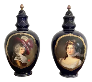 Victorian Porcelain Hand Painted Lidded Vases, 1860s, Set of 2