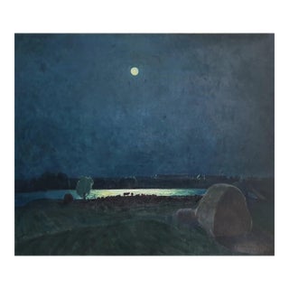 Original Moonlit Night Oil Painting, Farm Art, 1969 For Sale