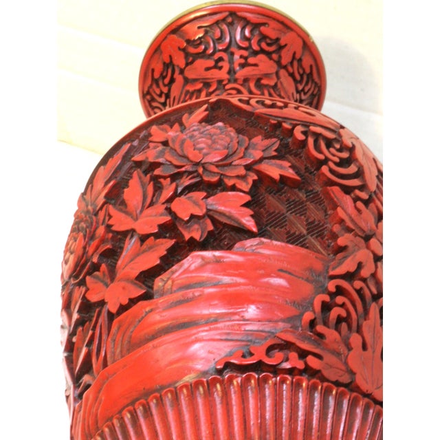 1980s Floral Cinnabar-Style MCM Asian Revival Style Molded Baluster Vase For Sale In San Diego - Image 6 of 18