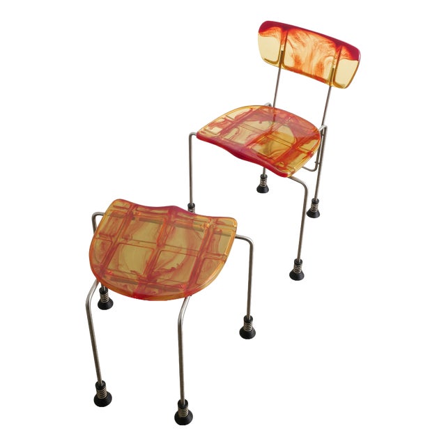 Set of Italian Dining Chair and Ottoman in Red-Yellow Resin by Gaetano Pesce for Bernini, Italy, 1993 For Sale