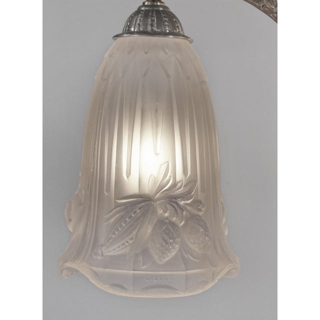 Metal Gilles French Art Deco Multi-Light Chandelier 1930s - Fruit Motif Frosted Glass For Sale - Image 7 of 12