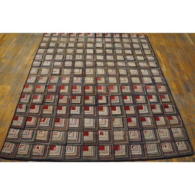 Late 19th Century 1890s Multicolor Dimensional Square Folk Art Antique American Hooked Rug 5'9" X 7' Handknotted Wool Carpet For Sale - Image 5 of 10