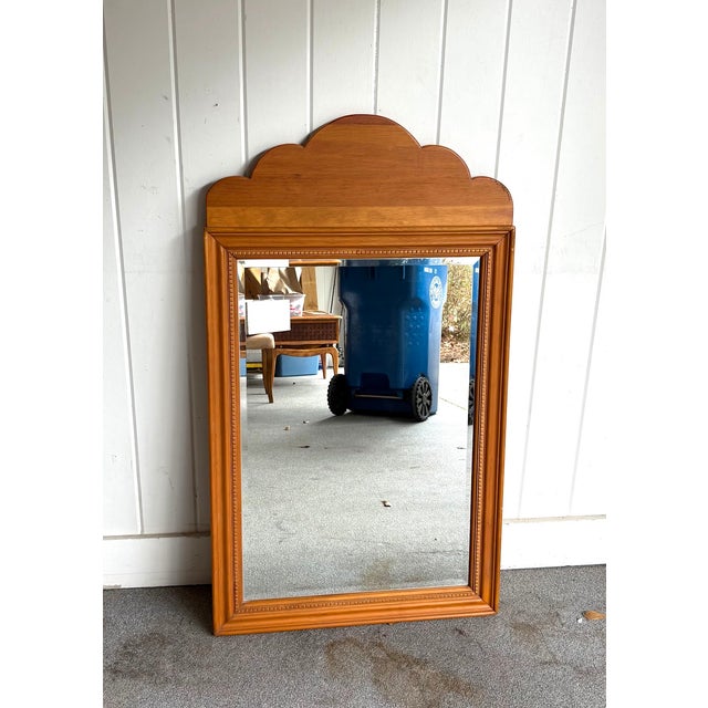 1970s-80s large carved maple scallop-top vertical wall mirror. Excellent condition. Measures 46" x 26.5" including frame.