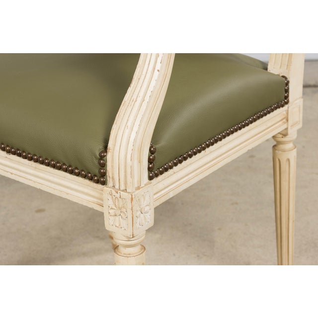 Antique French Louis XVI Style Painted Dining Chairs in Olive Green Leather - Set of 8 For Sale - Image 17 of 18