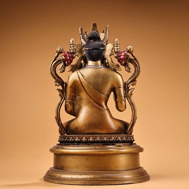 Traditional Vintage Gilt Bronze Seated Buddha Statue With Polychrome Accents and Figural Base For Sale - Image 3 of 9