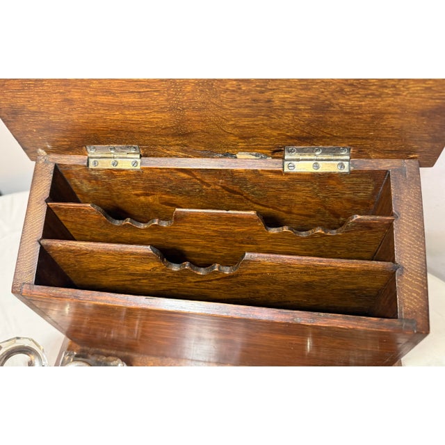Antique 19th Century English Wood Oak Bronze Inkwell Desk Letter Writing Stand For Sale - Image 11 of 15