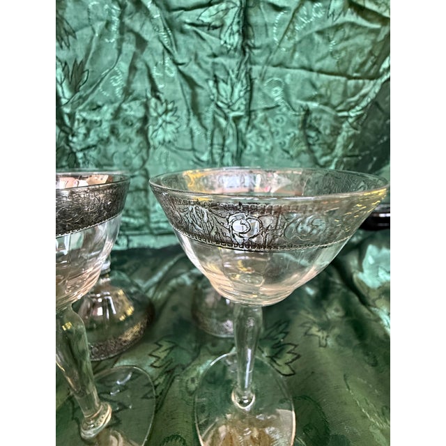 Art Deco Beautiful Crystal Stand Wine Glasses. Decorative Slender stem. Silver edged rim 4pc