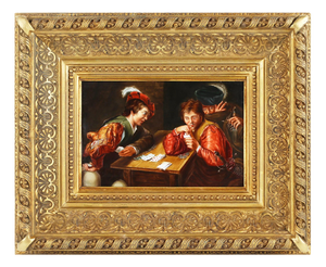 Porcelain Plaque with a Genre Scene of Card Sharps from KPM, Berlin, 1890s-1910s