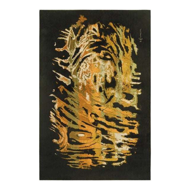 Signed Vintage Rene Fumeron Art Deco Tapestry in Black and Gold | Rug & Kilim For Sale