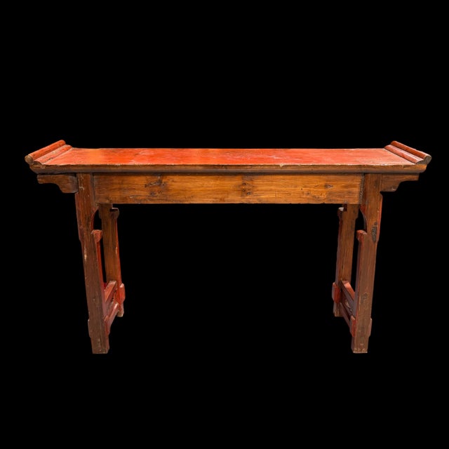 Antique Chinese Red Lacquer Altar Table – Qing Dynasty Elm Wood With Drawers For Sale - Image 9 of 9