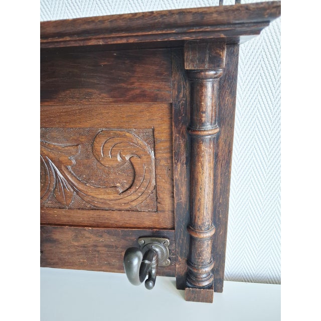 Antique Carved Solid Wood Wall Coat Rack, European Folk Style, 5 Hook Hall Rack For Sale - Image 4 of 8