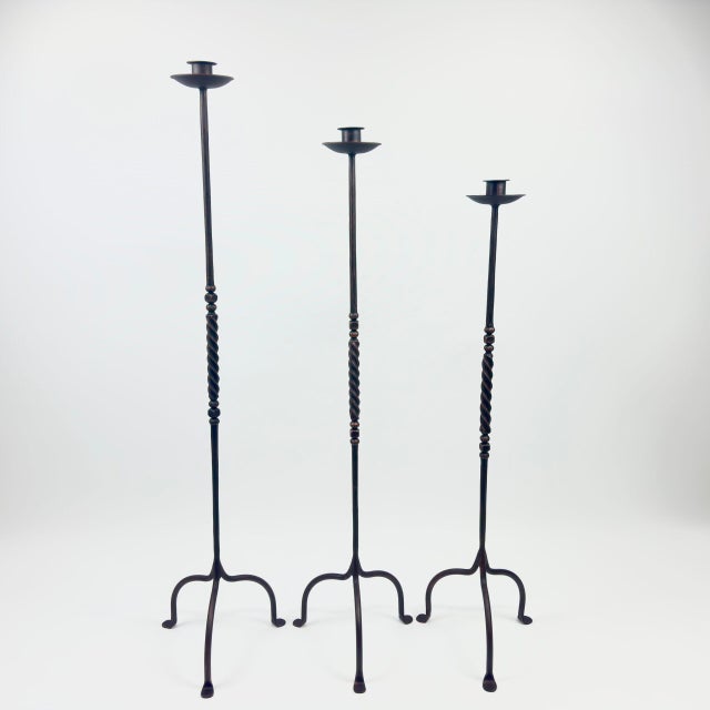 Hand Forged Iron Candelabra Set of 3 (93-113cm) Antique Copper Finish Barley Twist Stem with Deep Cylindrical Cups For Sale - Image 9 of 9