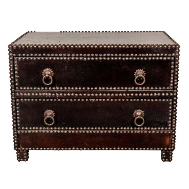 Hand-crafted Mid-century style chest. From the New York's Grammercy Park Hotel. Two drawers with bronze starburst pulls....